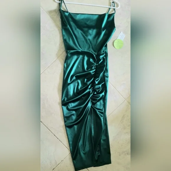 Windsor Emerald Green Satin Ruched Slip Dress - Picture 2 of 6